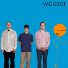 three men standing next to each other with weezer written on the top