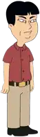 a man in a red shirt and khaki pants is standing with his hands on his hips