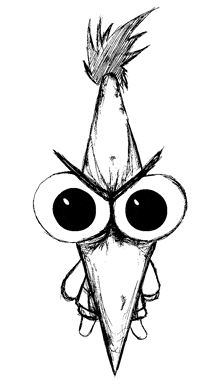 a drawing of a bird with big eyes and a feather on its head