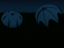 two white spheres are sitting in a field at night