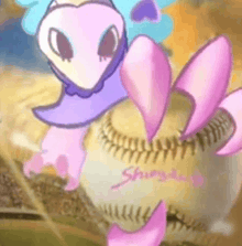 a cartoon character is holding a baseball that says shingda on it