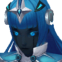 a close up of a woman 's face with blue hair and headphones .