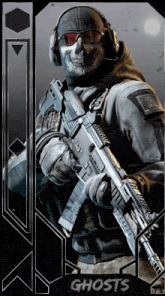 a ghost holding a rifle with the word ghosts below him