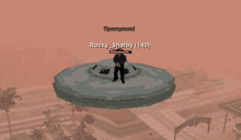 a man is standing on top of a flying saucer with the name rocky shelby ( 140 ) above him