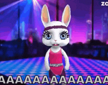 a cartoon rabbit is wearing a pink tank top and a headband and is dancing on a dance floor .