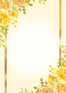 a white background with yellow flowers and gold ribbons