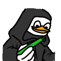 a penguin wearing a black hood is holding a green stick