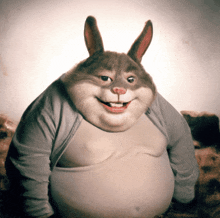 a cartoon rabbit with a huge belly is smiling