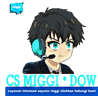 a logo for cs miggi dow with a cartoon character wearing headphones