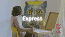 a man is painting a cat on a canvas with express written on the bottom