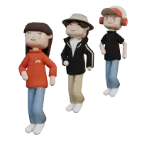 three cartoon characters are standing next to each other with one wearing headphones and a hat
