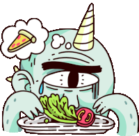 a cartoon of a monster with a horn eating vegetables