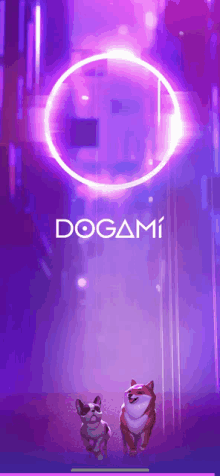 two dogs are running in front of a purple background with the word dogami on it