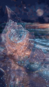 a sea shell is floating in the water with a reflection of it in the water