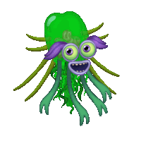 a cartoon drawing of a green monster with purple eyes and long tentacles