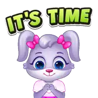a cartoon rabbit says it 's time with a pink bow in her hair