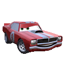 a red car from the movie cars with a white stripe on the side is sitting on a white surface .