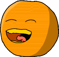 a cartoon drawing of an orange laughing with its mouth wide open