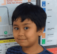 a young boy is standing in front of a map that says taman falahillah kota tua jakarta