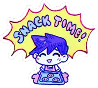 a cartoon drawing of a boy holding a tray of cookies with the words snack time above him
