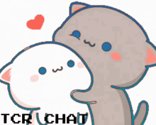 a cartoon of two cats hugging each other with the words tcr chat written below them