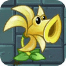 a yellow cartoon character with a big mouth is sitting on a green plant .