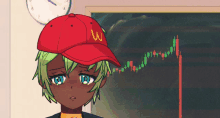 a girl wearing a red mcdonald 's hat stands in front of a chart