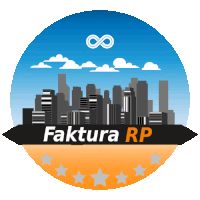 a logo for faktura rp with a city skyline