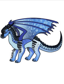 a drawing of a dragon with blue wings and a black tail