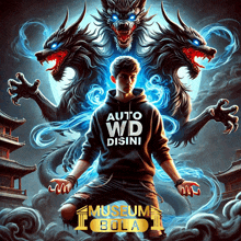 a man with a hoodie that says auto wd disini stands in front of two dragons