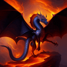 a blue dragon is standing on a rock in front of a fire background