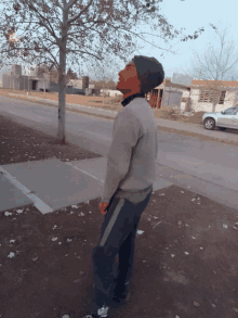 a man wearing a beanie and a grey sweater stands on the side of the road