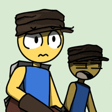 a cartoon of a man holding a gun and another man with a sad face