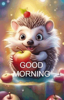 a hedgehog is holding an apple with a cherry on top of it and says `` good morning '' .