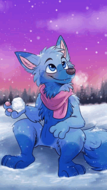 a blue furry animal is holding a snowball in its hand