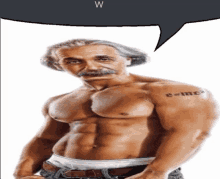 a shirtless albert einstein has a tattoo of e = mc2 on his shoulder