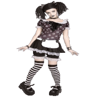 a woman dressed as a doll with pigtails is wearing black and white striped socks and black shoes