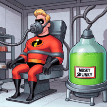 a cartoon of a superhero sitting in a chair next to a bottle that says musky skunky