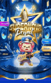 a poster for supernova project with a lion holding a guitar