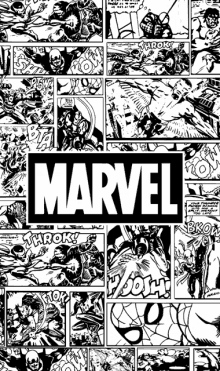 a black and white collage of marvel comic strips with the logo in the middle .