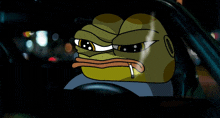 a cartoon frog is smoking a cigarette while driving a car