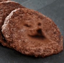 a close up of a hamburger patty with a face on it