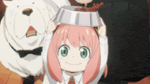 a girl with pink hair and green eyes is holding a bowl of food on her head
