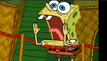 a cartoon character named spongebob is standing on a red rope with his mouth open .