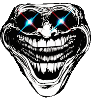 a black and white drawing of a troll face with red and blue eyes .