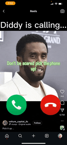 a phone screen shows a man on a call with the caption " diddy is calling "