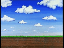 a cartoon drawing of a blue sky with clouds and grass