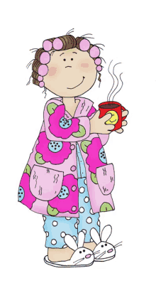 a cartoon of a woman with curlers on her hair holding a cup of coffee