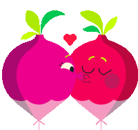 a cartoon illustration of two beets kissing with a heart in the background