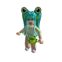 a girl with blue hair and green frog ears is wearing a mask and holding a frog purse